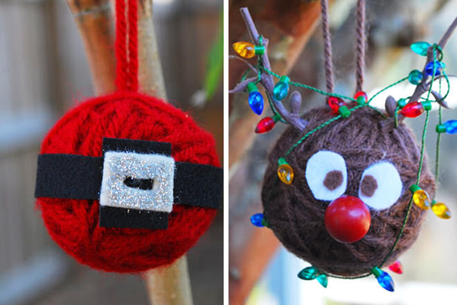 Use the wool to whip up these sweet Santa's belly and Rudolph ornaments 