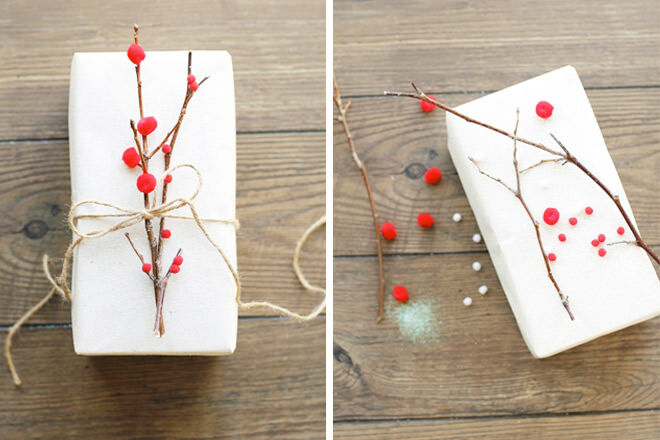Easy gift wrap with twigs and pom poms
