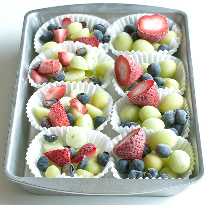 Fruit cups - Place chopped fruit into cupcake patties and place in the freezer. Grab in the morning and they'll be defrosted in time for lunch.