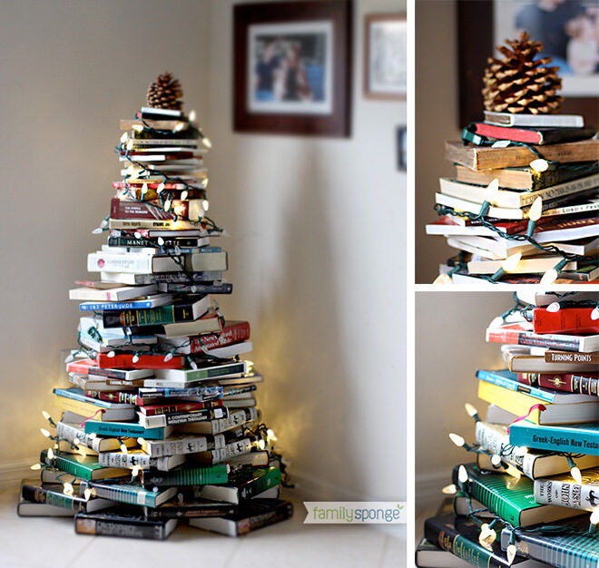 Stack books in a Christmas tree pattern then twist Christmas lights around to make a gorgeous feature