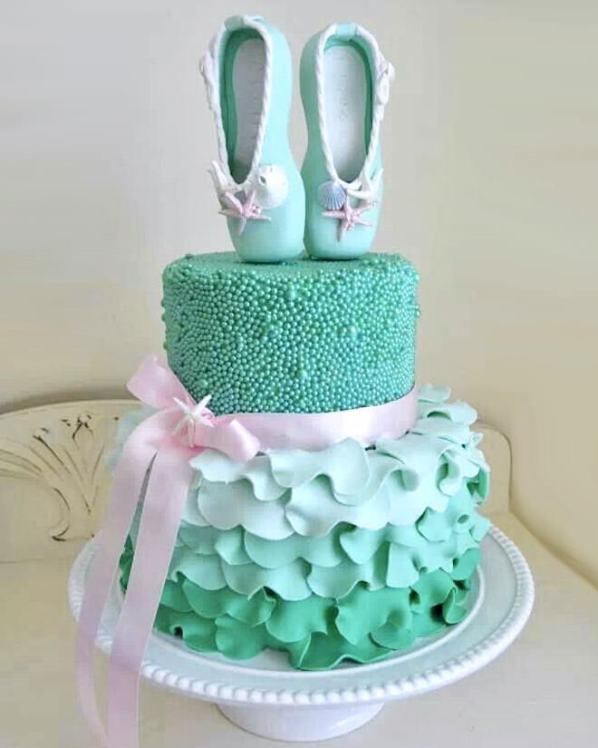 Aqua ballerina cake with sugar pearls and ruffle detailing