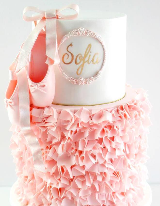 Personalised ballet cake with soft pink ruffles
