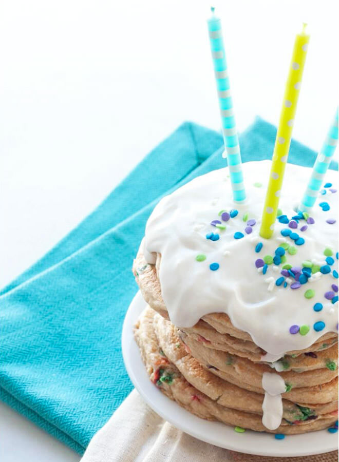 Healthy birthday cake pancake stack