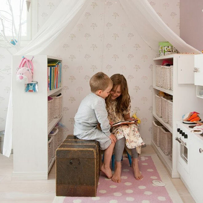 Add a canopy between book shelves to create a simple reading nook