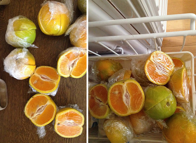 Cut oranges into quarters, wrap in cling wrap and freeze ahead of time for school lunches