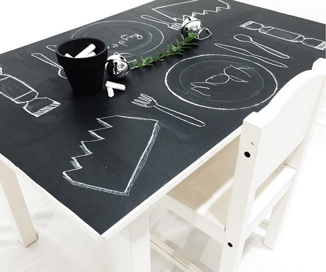 Kmart table and chairs transformed with chalked sheets