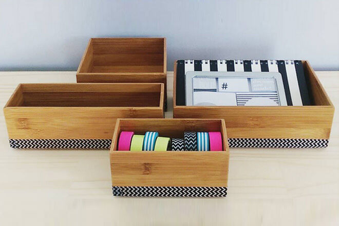 Add wash tape to Kmart Kitchen Drawers for fun storage boxes