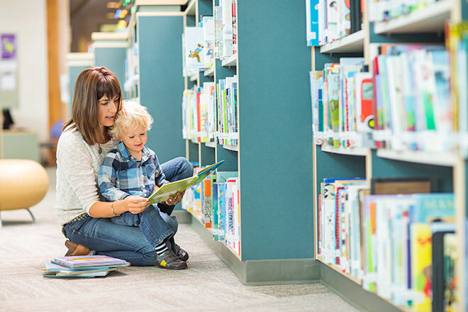 Mother and son at the library