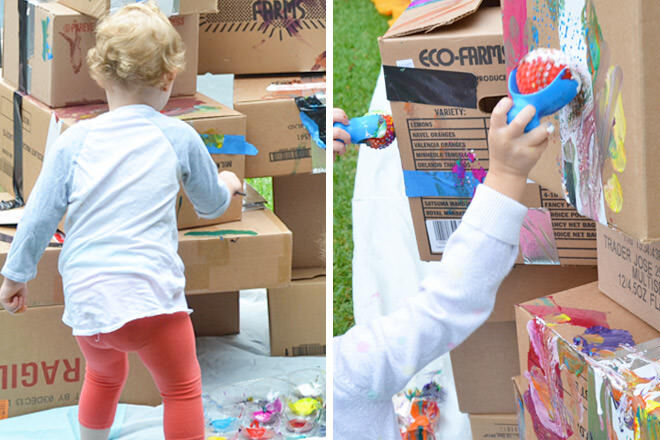 Cardboard box tower for toddler play