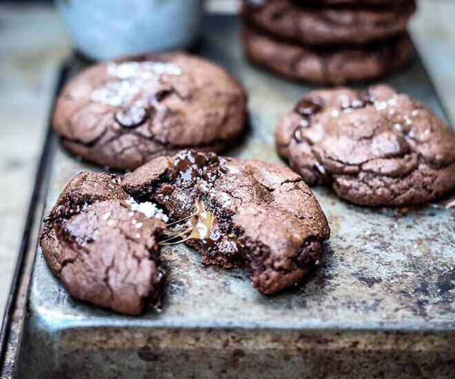 Salted caramel and Nutella stuffed double chocolate chip cookies