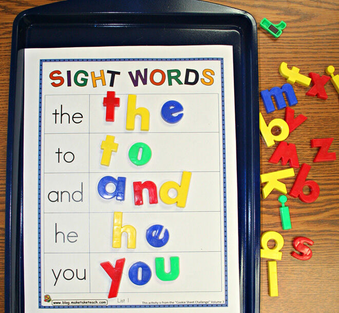 Use a cooking tray and magnetic letters as a fun way of learning sight words with magnets