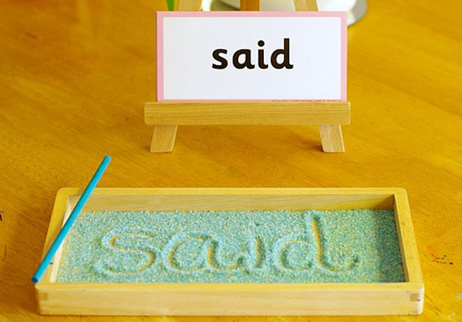 This sight word game lets kids write the word in coloured sand