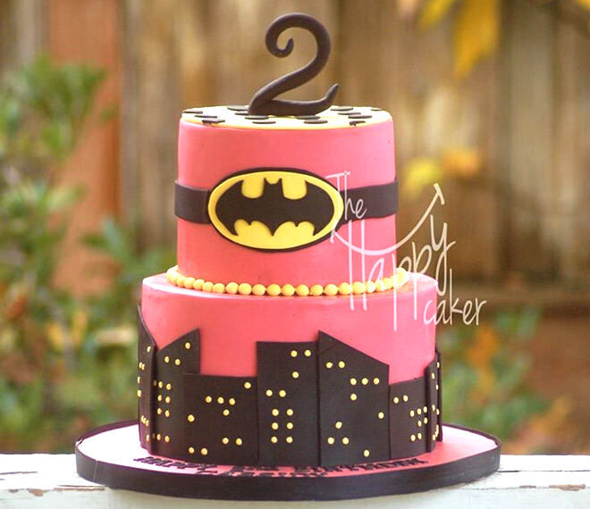 Pink and black Batgirl birthday cake