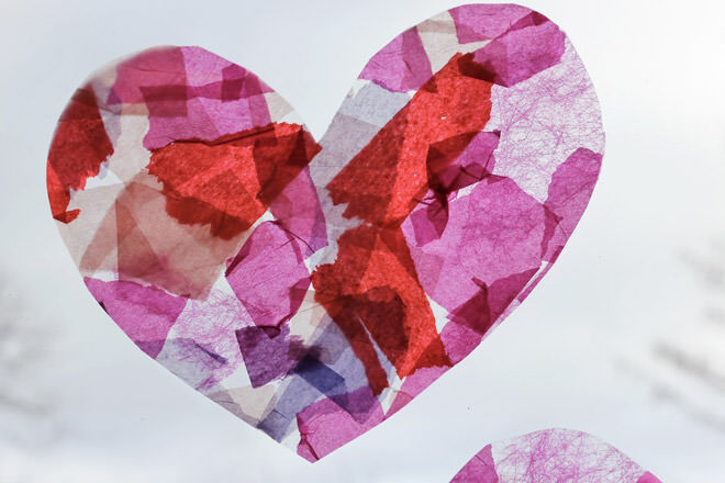 Kids valentine activity tissue paper stained glass heart