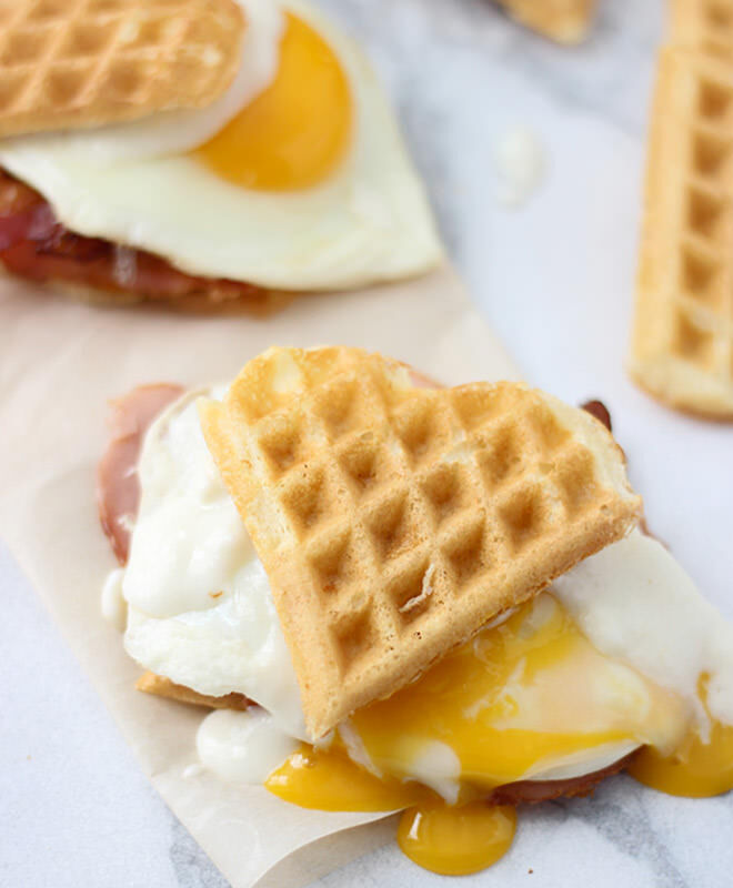 Heart-shaped waffle croque madame sliders