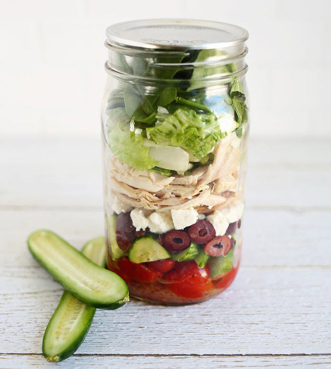 Lunch in a jar. Chicken greek salad makes a tasty lunch for working Mums. 