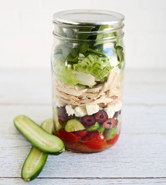 Lunch in a jar. Chicken greek salad makes a tasty lunch for working Mums.