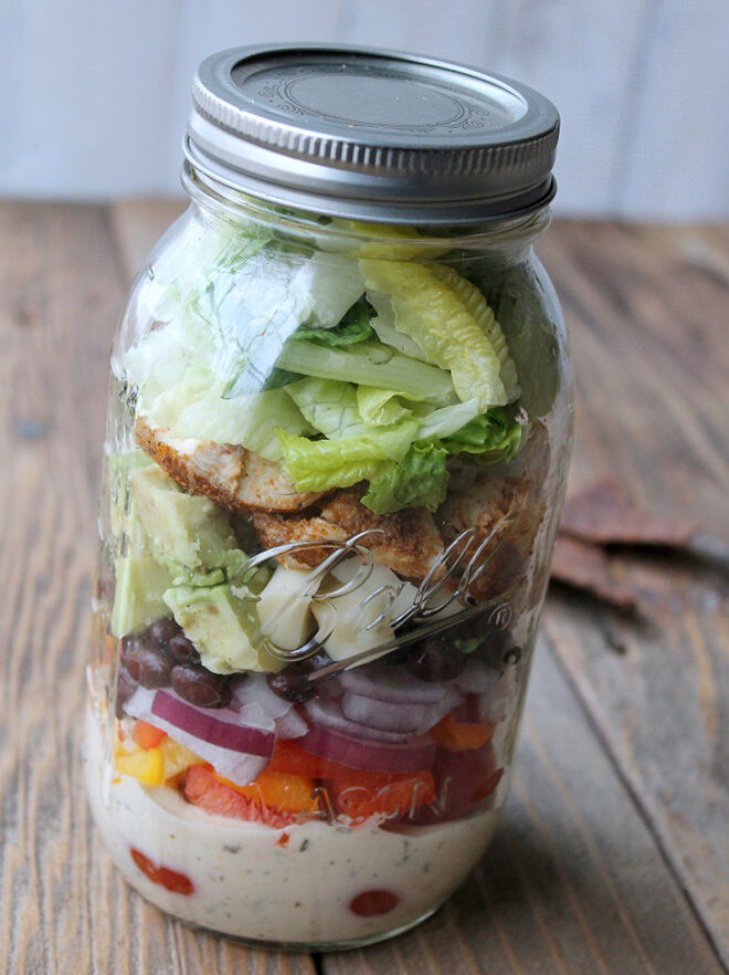 Lunch in a Jar. Southwest Ranch Chicken salad can be prepared in advanced and enjoyed at work. 