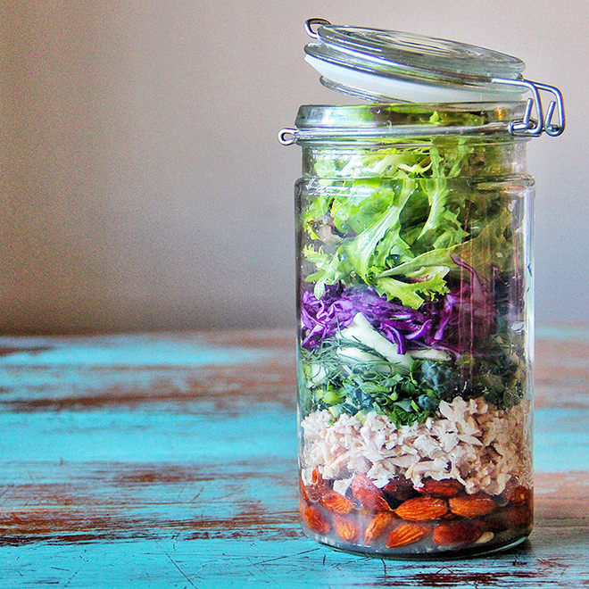 Lunch in a Jar. Tuna, loads of veggies and almonds make this a tasty and healthy lunch for working Mums. 