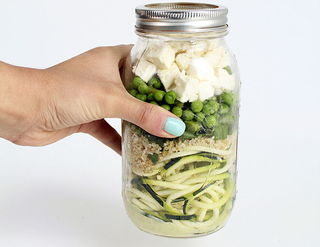 Lunch in a Jar. Healthy Zucchini noodle salad that makes a great lunch for work.