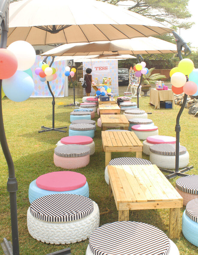 Upcycled tyre party seats