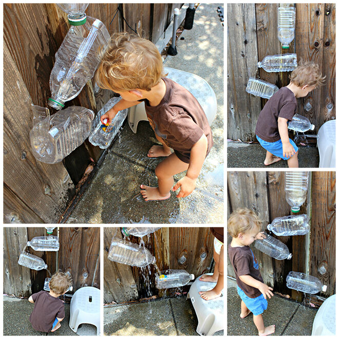 Water bottle fountain. Outdoor play ideas.