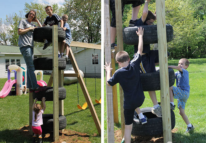 Climbing wall using recycle tyres.