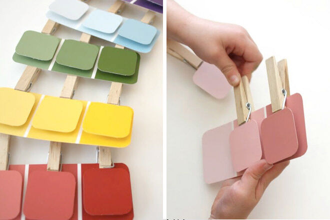 Toddler busy bags paint chips and pegs
