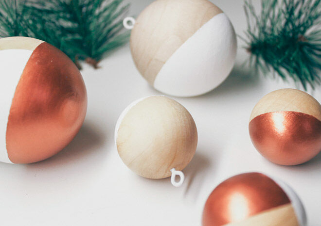 wooden balls painted copper and white for Christmas decorations