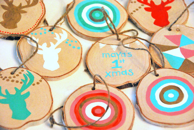 painted festive wood chip decorations blues, reds and white