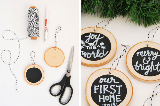 DIY wooden chips with messages to hang in theChristmas tree