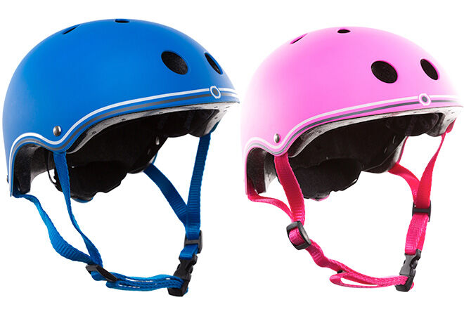 pink and blue Globber scooter helmet