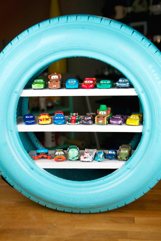 upcycled tyre toy car storage