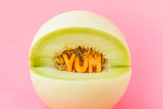 yum cut out inside a rockmelon