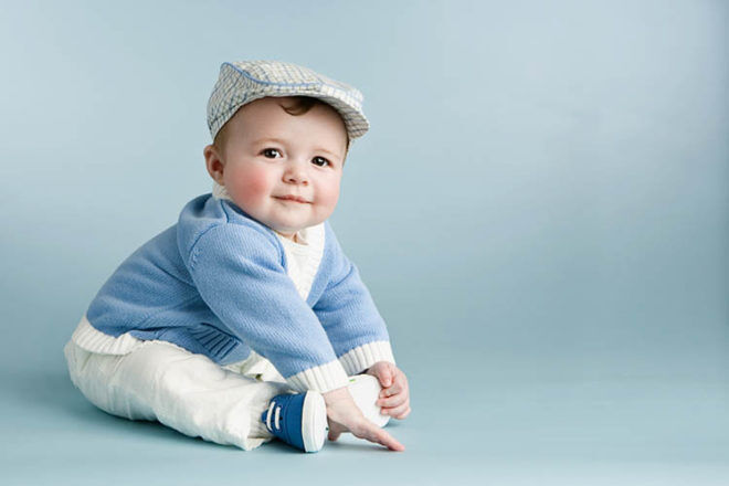 dappy baby boy in blue cardigan