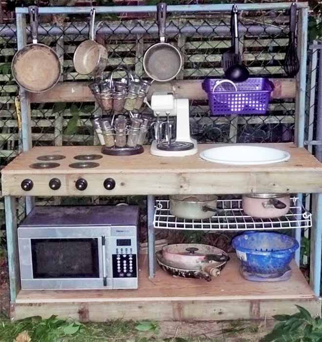 backyrd mud kitchen with microwave