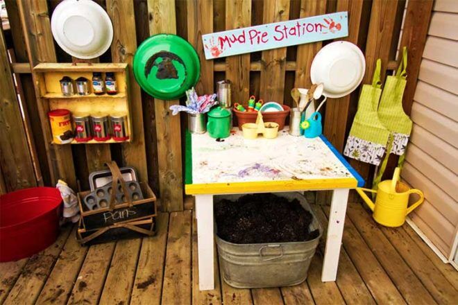 DIY mud kitchen bright and colourful