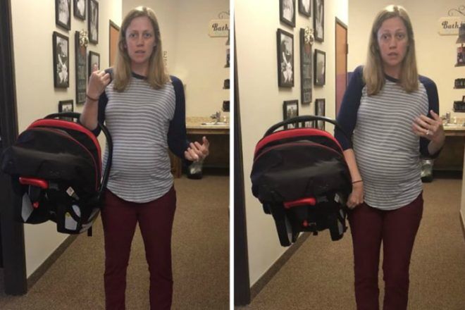 chiropractor demonstrating how to carry baby capsule