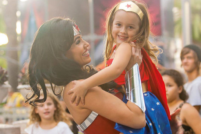 Wonder Woman and little girl family holiday Gold Coast