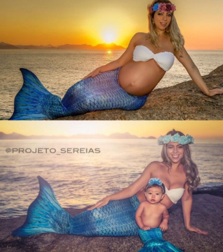 Woman poses with pregnant belly and infant as mermaid