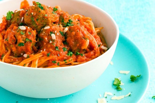 mini pork meatballs and pasta recipe with sneaky vegetables