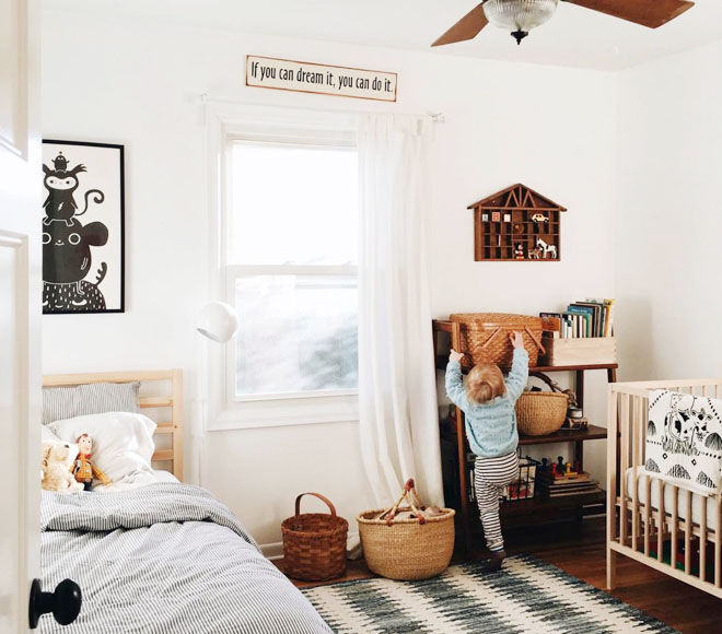 Boho style baby and toddler shared room