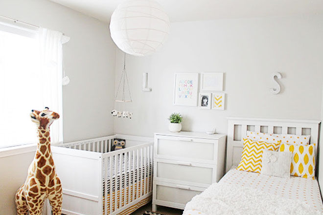 Grey and yellow baby toddler shared bedroomrey and yellow baby toddler shared bedroom