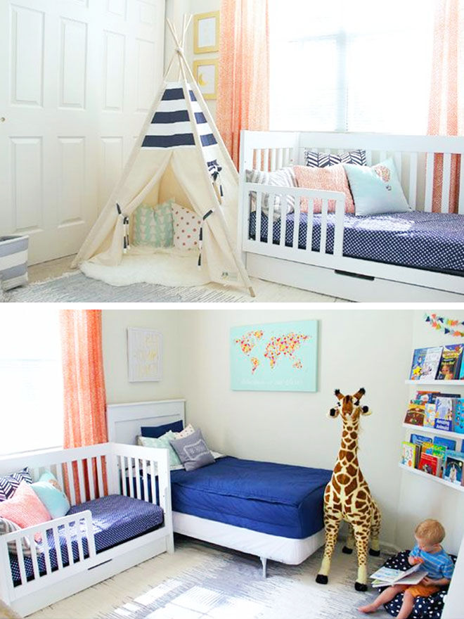 Shared baby toddler bedroom with single bed and toddler bed