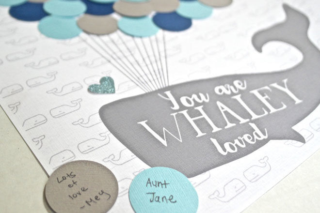 baby shower guest book ideas: whale bubbles wall art