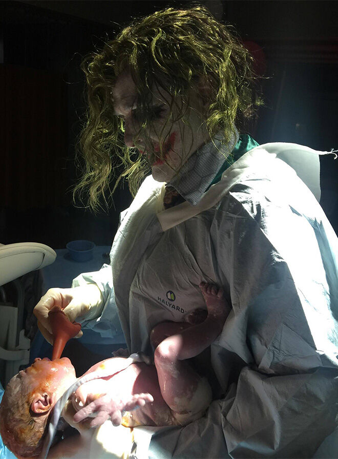 Dr Joker delivering baby born on Halloween
