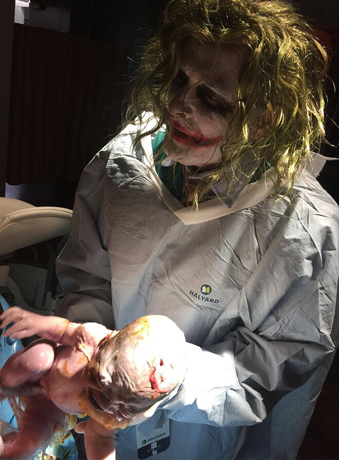 Doctor dressed as The Joker delivers baby on Halloween