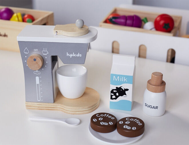 Hip Kids pretend play kitchen essentials wooden coffee machine with milk and sugar