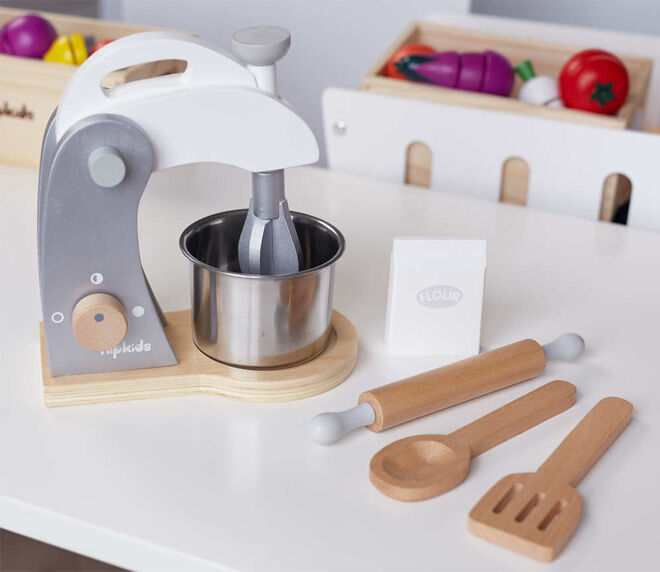 Hip Kids pretend play kitchen essentials wooden mixer and utensil set