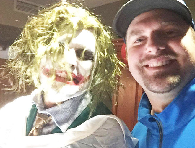 Justin Selph with doctor dressed as Joker delivered baby